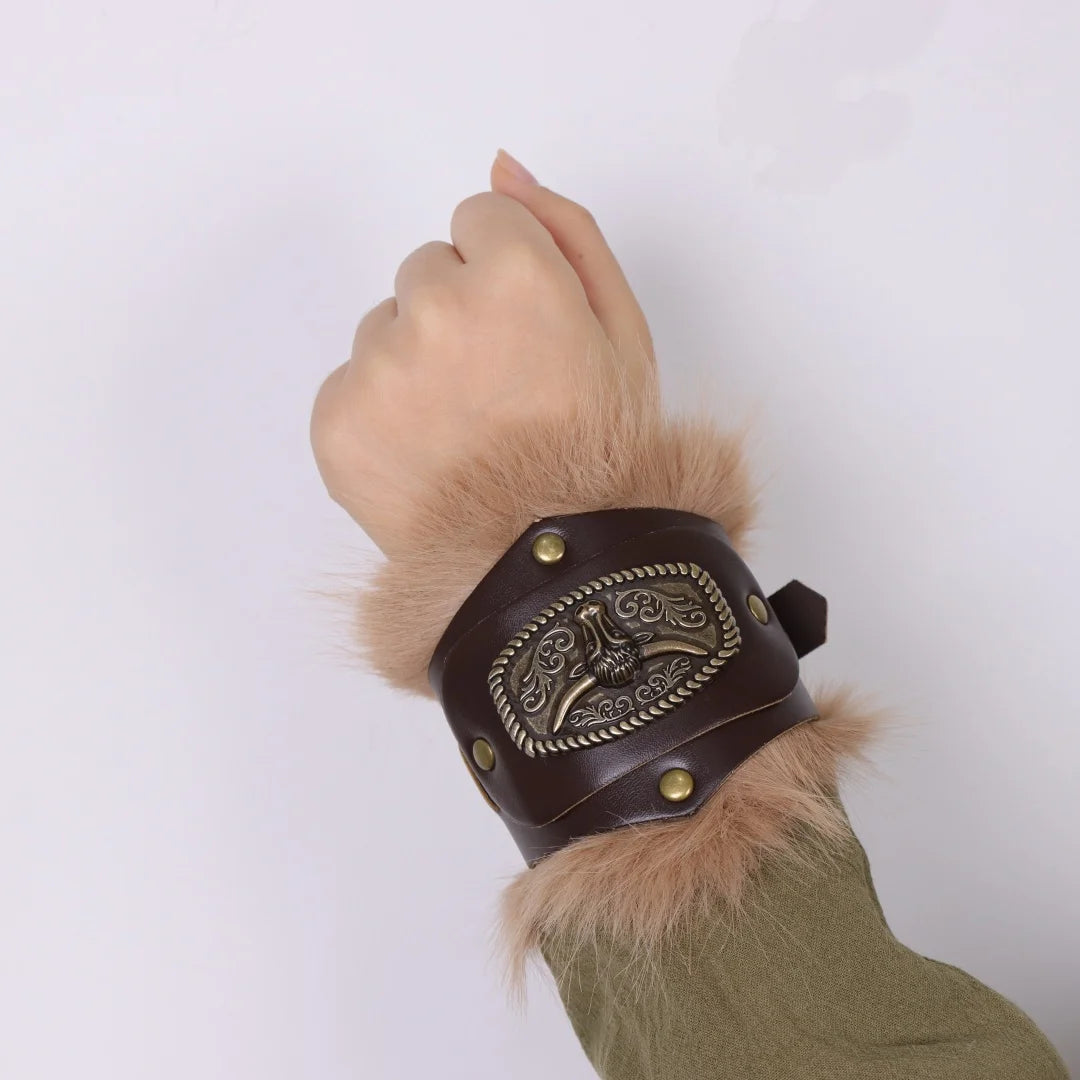 Medieval Knight Bracers Faux Leather Wristwear Furry Trim Retro