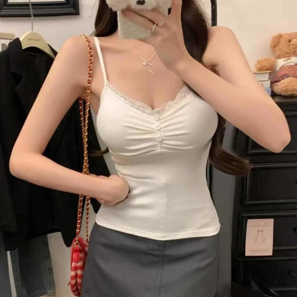 Women's Slim Fit Lace Trim Vest Top – V-Neck with Chest Pad