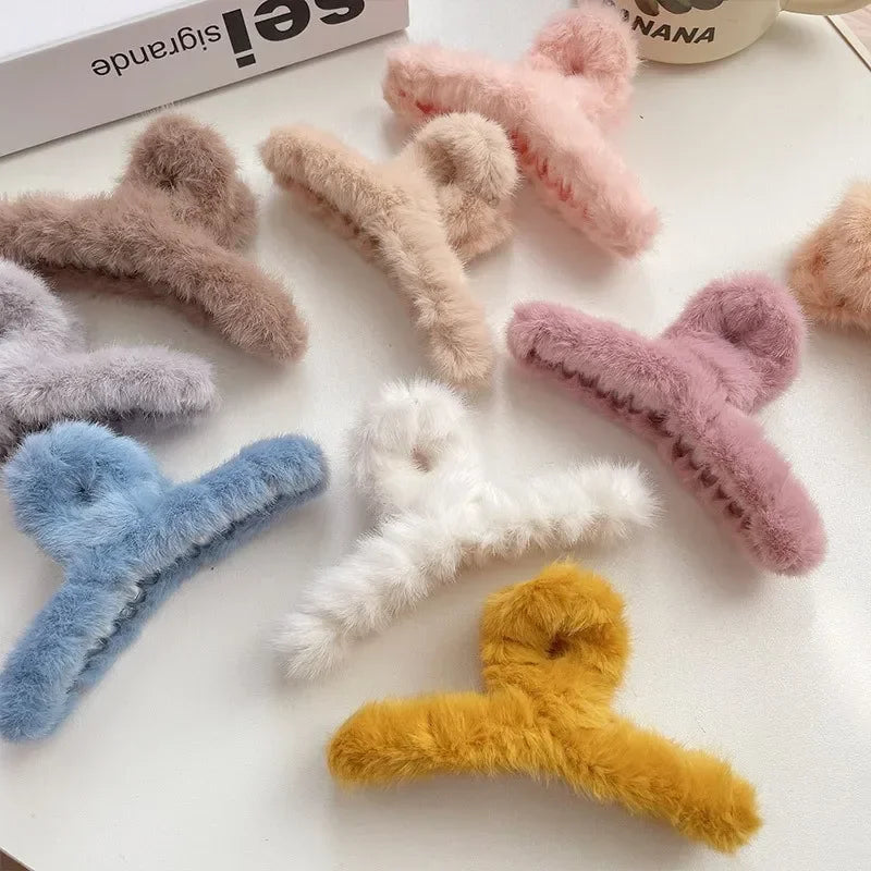 Fluffy Faux Fur Big Crab Hair Claw Clips for Women & Girls