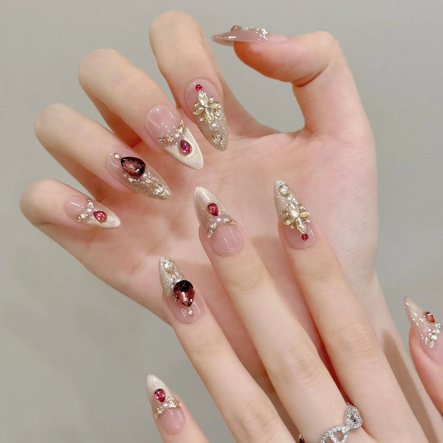Press On Nails K9 Cat's Eye Glitter Red Velvet Rhinestone 10pc