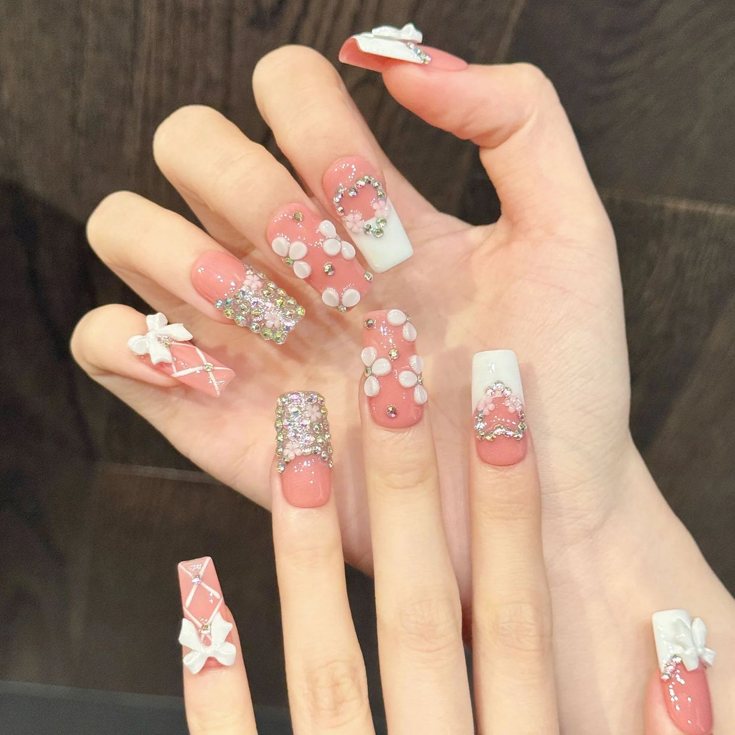 Press On Nails French Glitter 3D Bow Rhinestone Set | 10pcs