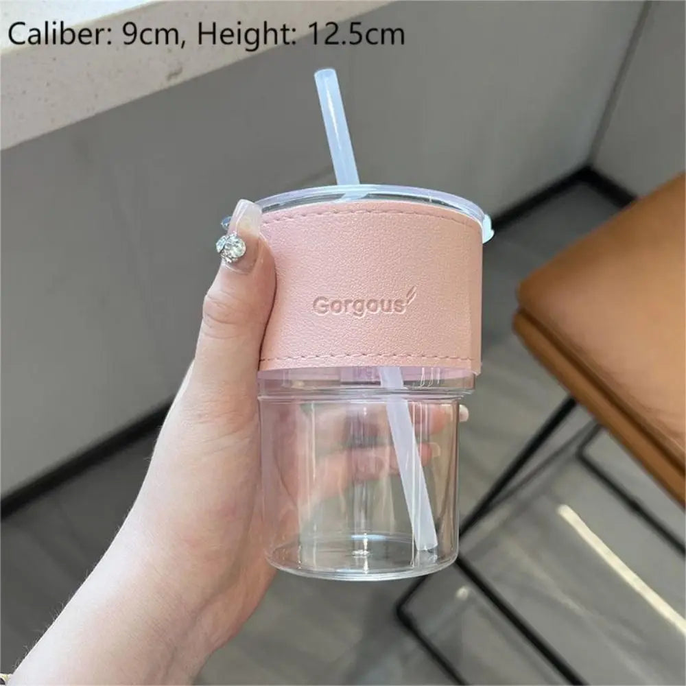 400ml Glass Water Bottle with Bamboo Lid & Straw – Transparent Cup