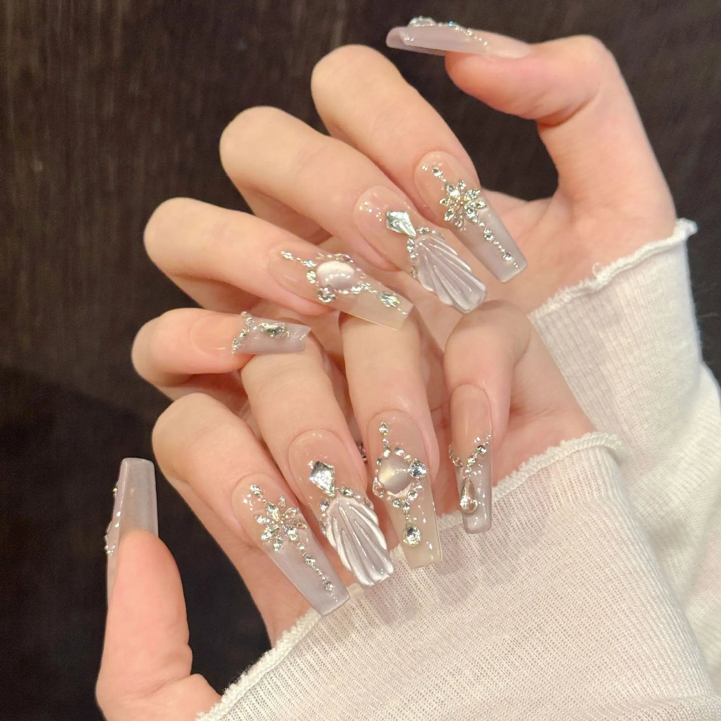 Crystal Fishtail Press On Nails – Cat's Eye French Long Fake Nails