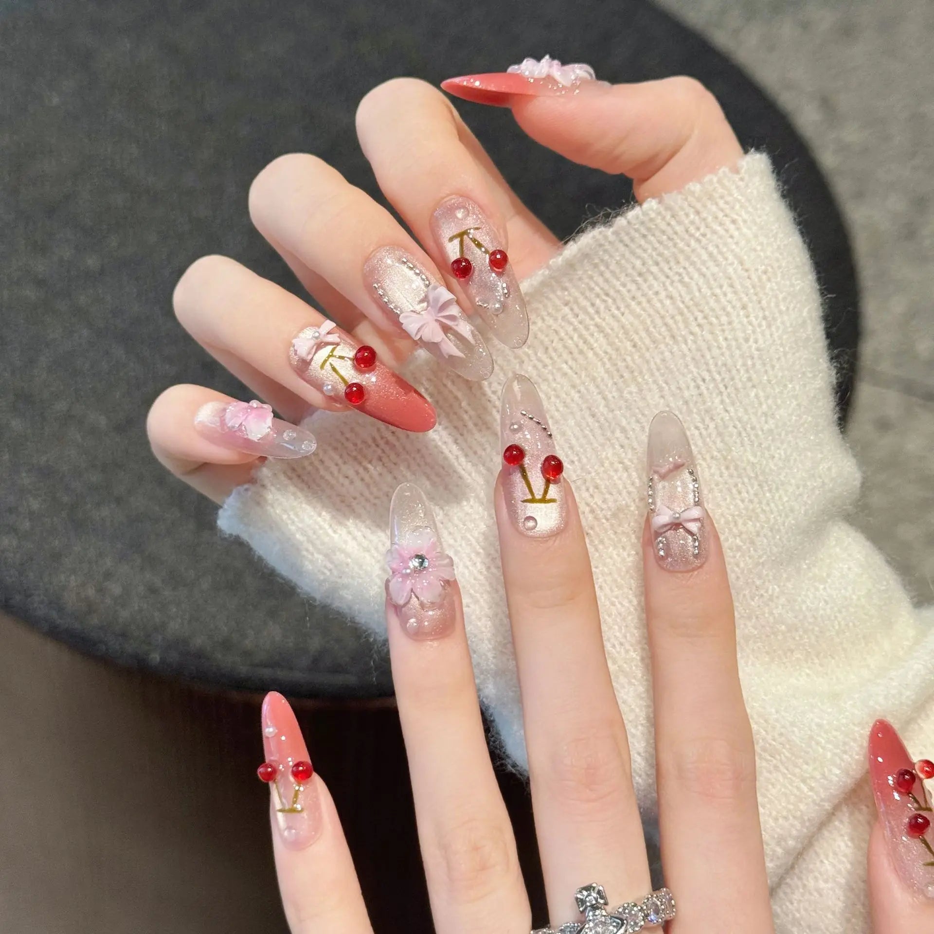 10PCS 3D Cherry Bowknot Decor Handmade Press on Nails Glitter Almond Sweet Fake Nails Wearable Blush Cat's Eye False Nails Art Peaceful Pleasures Health and Wellness