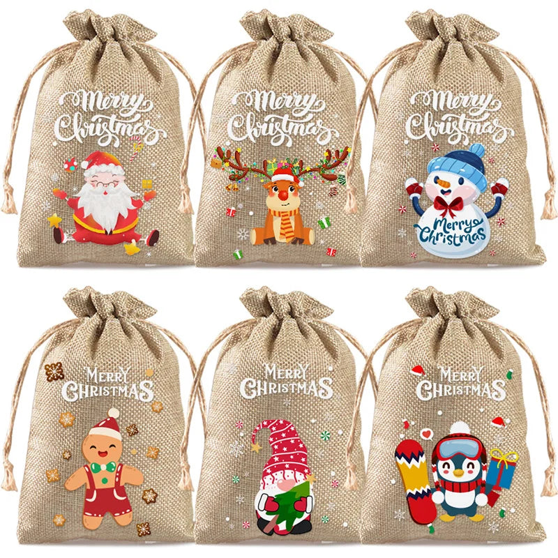 6/12PCS Christmas Linen Drawstring Bags Candy Biscuits Pouchs Burlap Bracelet Jewelry Storage Bags Gift Packaging Bags Peaceful Pleasures Health and Wellness 02 Christmas 6PC 10x14cm