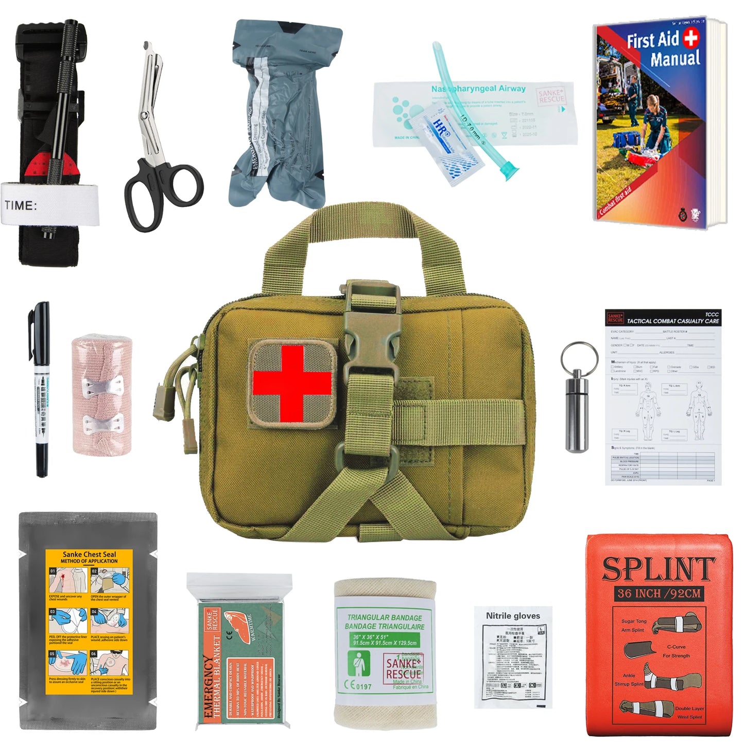 IFAK Trauma Kit First Aid Medical Pouch Emergency Tourniquet Chest Seal Survival Gear Equipment with Molle Car Travel Hiking Peaceful Pleasures Health and Wellness Khaki Suit