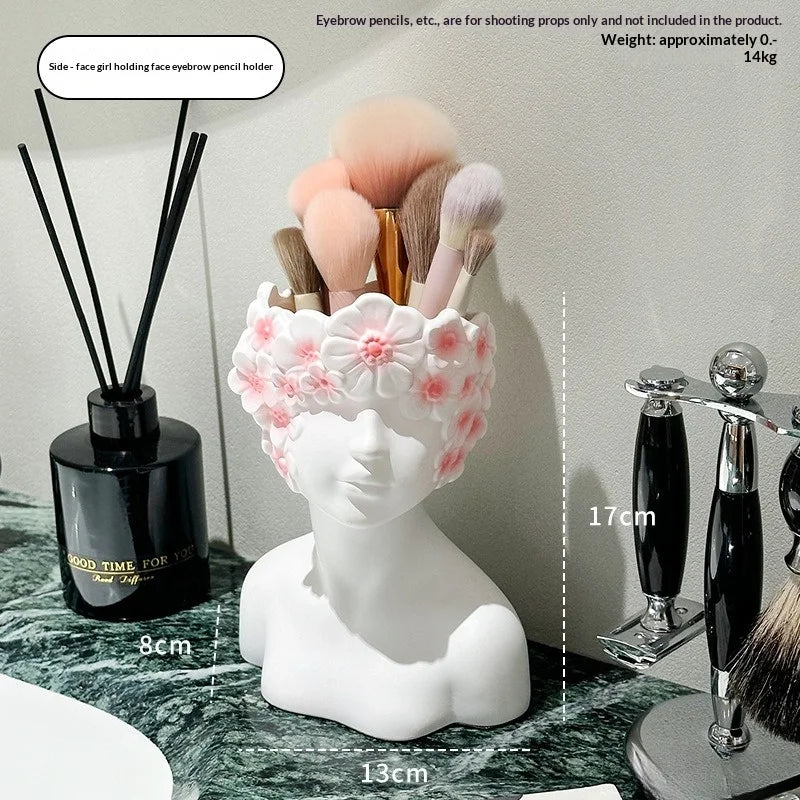 Nordic Style Face Holding Girl Makeup Brush Storage Cylinder Fashion Dresser Storage Tank Eyebrow Brush Eyeliner Pen Storage Box Peaceful Pleasures Health and Wellness A