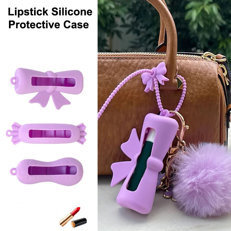 Bow Candy Peanut Shape Silicone Lipstick Cover Keychains Portable Solid Color Lipstick Storage Bag Light Weight Lip Balm Holder Peaceful Pleasures Health and Wellness
