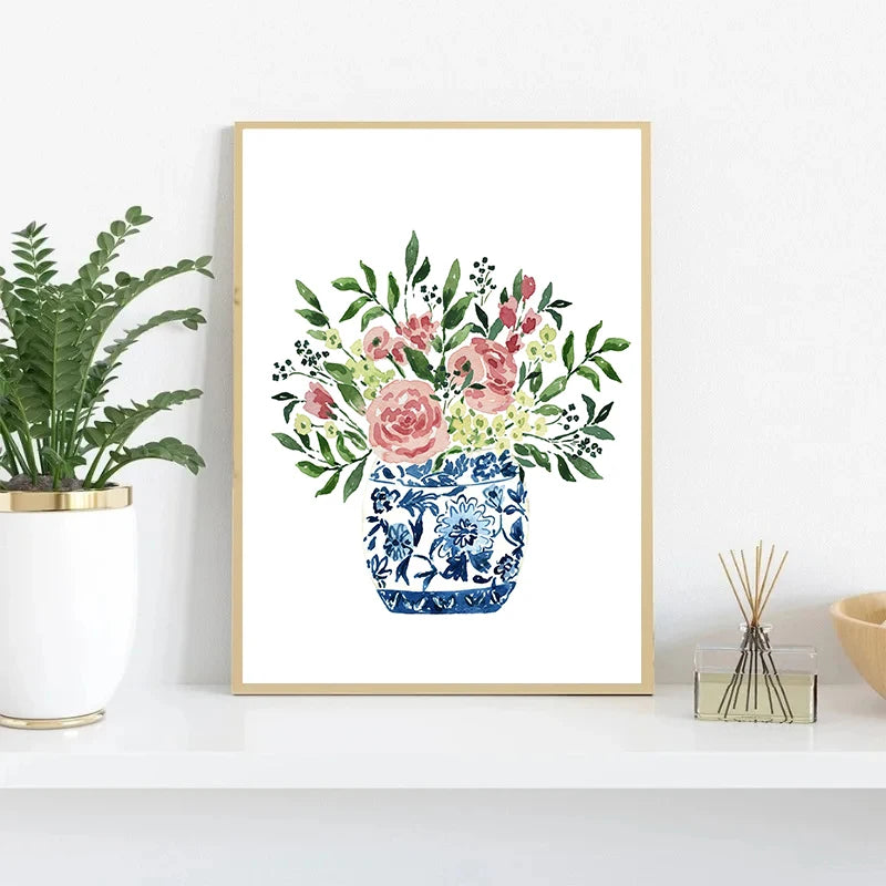 Watercolor Blue & White Vase Floral Canvas Wall Art | Unframed Canvas Wall Art Peaceful Pleasures Health and Wellness