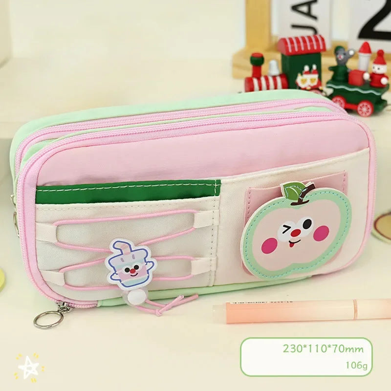 Large Capacity Cute Cat Pencil Bags Oxford Cloth Multi-layer Pencil Cases Kids School Office Supplies Stationery Storage Bag Peaceful Pleasures Health and Wellness Green Apple