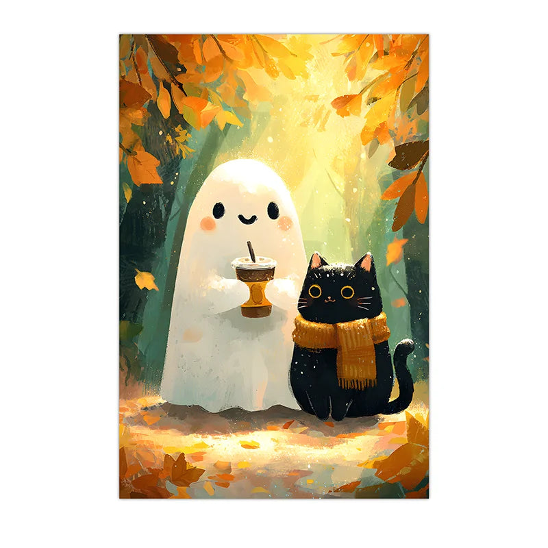 Animal Wall Art, Nordic Cute Ghost and Black Cat Canvas Painting, Halloween Poster Print for Bedroom Living Room Wall Decor Peaceful Pleasures Health and Wellness 02 50x70cm NoFrame China Mainland