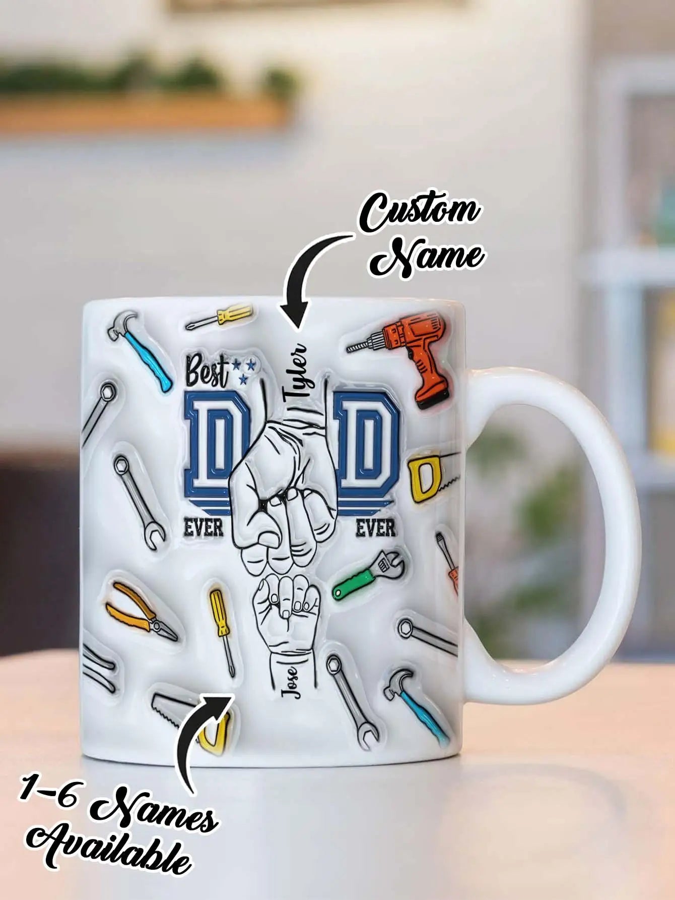 Personalized Dad Mug for Father's Day Custom Name Coffee Cup with 3D Text Effect Custom Name Coffee Cup Gift for Daddy Grandpa Peaceful Pleasures Health and Wellness Style 4 2 names
