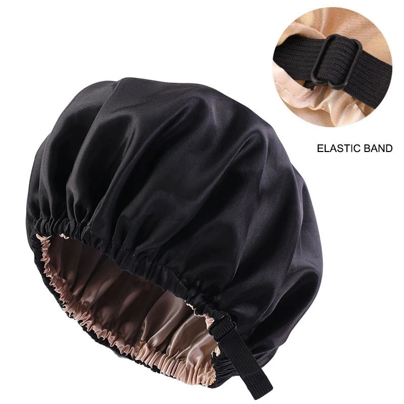 New Satin Hair Cap for Sleeping Invisible Flat Imitation Silk Round Haircare Women Headwear Ceremony Adjusting Button Night Hat Peaceful Pleasures Health and Wellness black