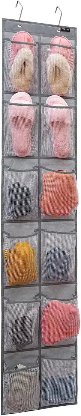 Gray hanging shoe organizer with multiple pockets containing pairs of shoes.
