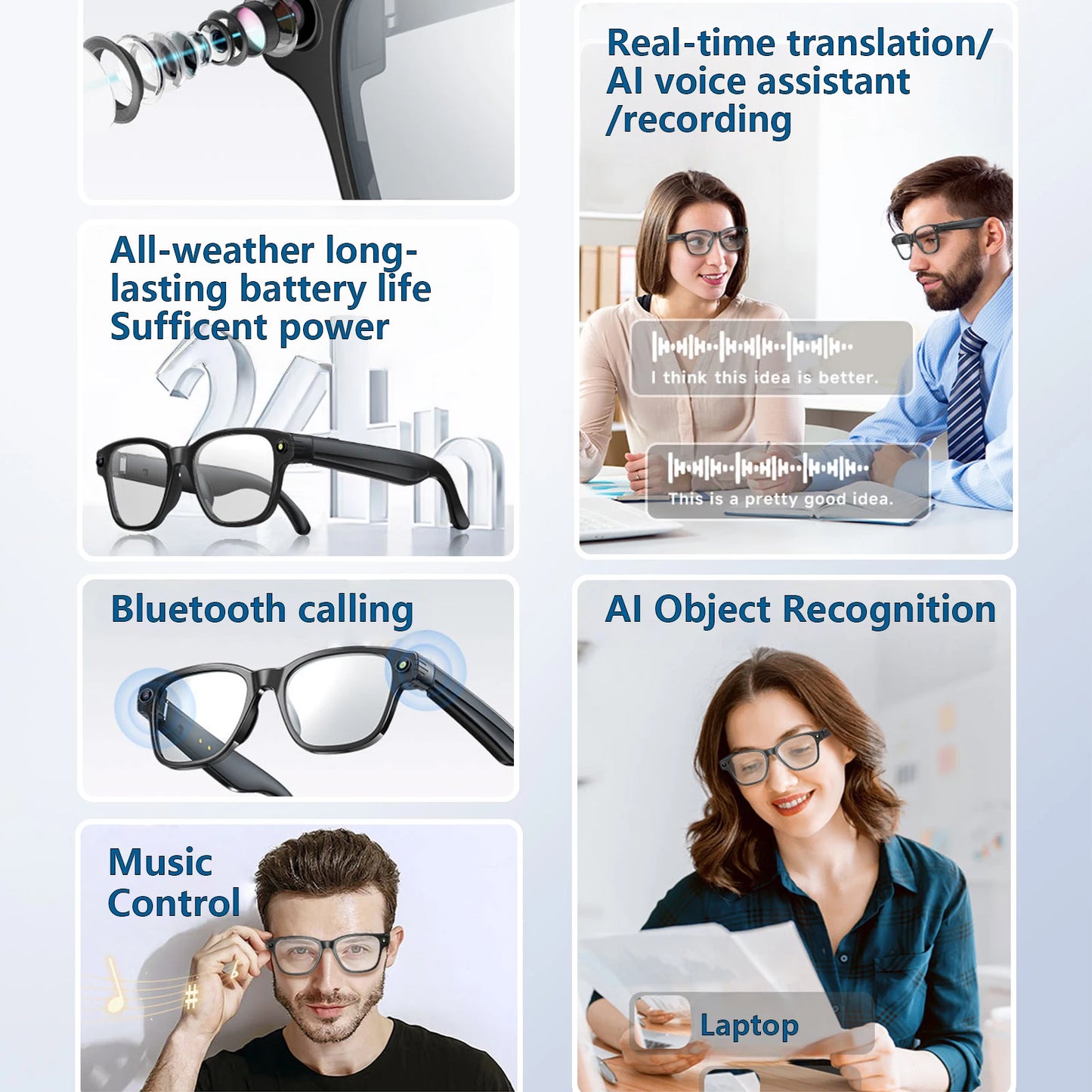 AI Smart Glasses Translator Visual 800W Camera Anti-Shake 1200P High Video Recording Bluetooth Voice Assistant Control AI Glasse Peaceful Pleasures Health and Wellness