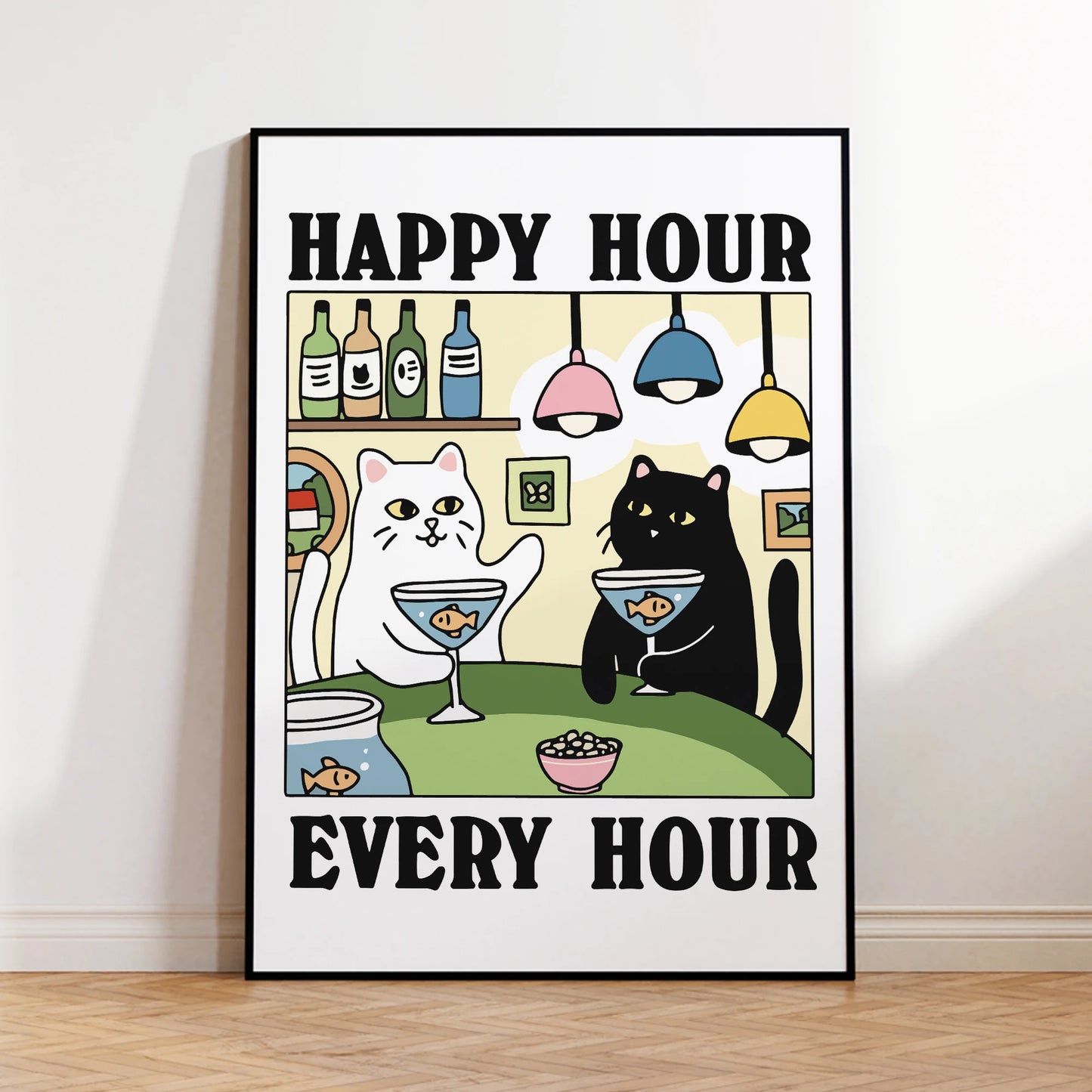 Happy Hour Cartoon Cat Canvas Wall Art Print | Home & Kids Decor