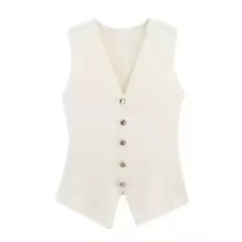Women's V-Neck Gold Buckle Knitted Sleeveless Vest | Summer Top