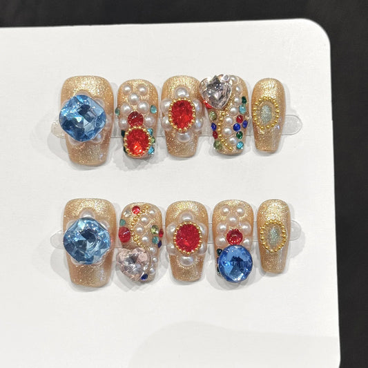 10pcs Handmade Champagne Gold Cat-eye False Nails Press On Nails Flash Rhinestone Pearl Manicure Art With Vintage Luxury Decor Peaceful Pleasures Health and Wellness