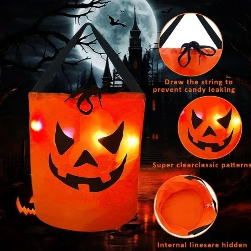 LED Light-Up Halloween Pumpkin Candy Bucket Tote Bag for Kids