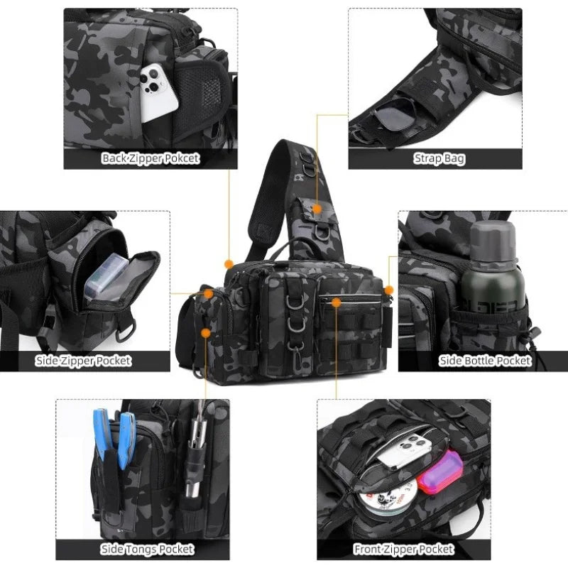 Fishing Tackle Backpack with Bait Box Storage Men Outdoor Rod Support Bag Waterproof Gear Bag for Fishing Camping Hiking Peaceful Pleasures Health and Wellness