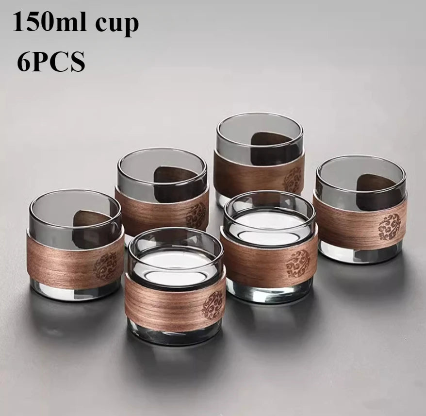 Thickened Glass Tea Cup with Wooden Ring Heat-resistant and Heat-resistant Water Cup Master Cup Household Glass Cup Coffee Cup Peaceful Pleasures Health and Wellness 6pcs 150ml 301-400ml