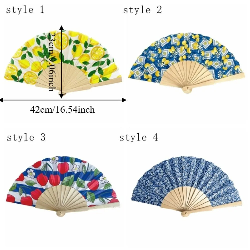 Lemon Print Folding Hand Fan | Wooden Handle Chinese Style Folding Hand Fan Peaceful Pleasures Health and Wellness