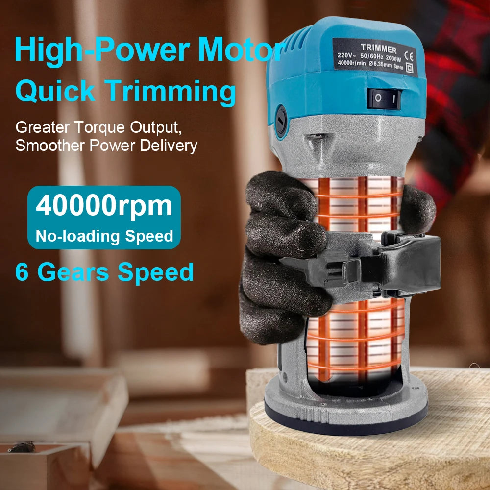 220V Wooden Router Wood Trimmer Machine 6 Speeds Adjustable Electric Hands Trimmer Carpentry DIY Tool 2000W Woodworking Trimming Peaceful Pleasures Health and Wellness