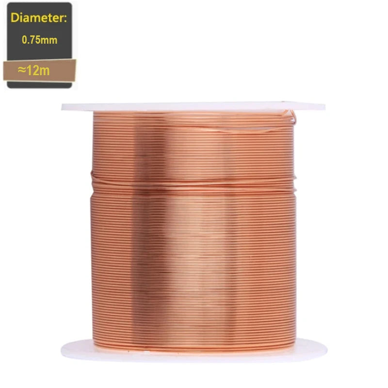 Spool of copper wire with diameter and length information on a white background