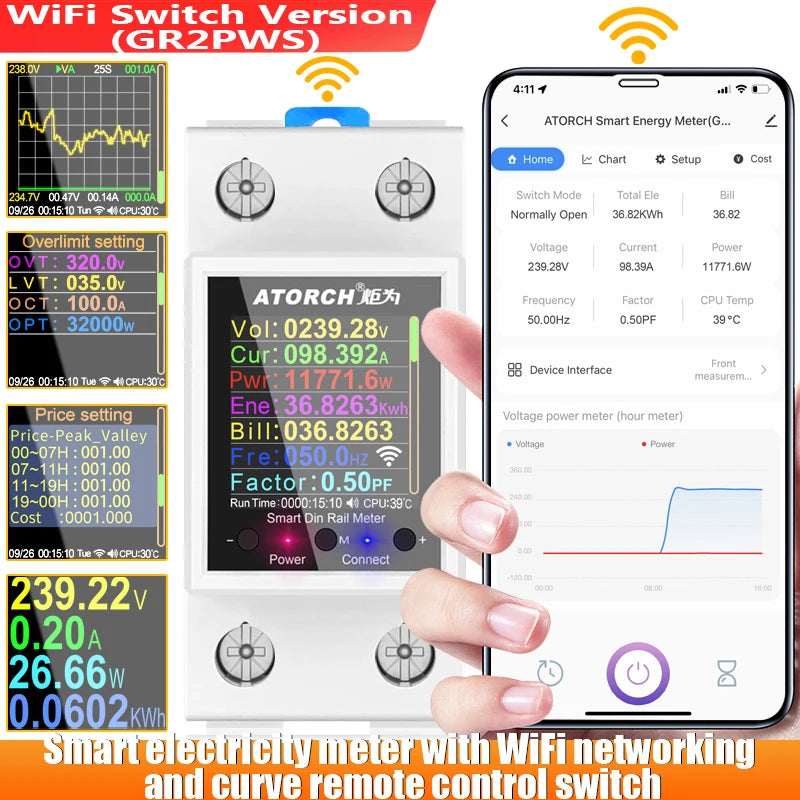 GR2PW AC50-320V 100A Smart Electricity Meter Tuya WiFi Din Rail Power Energy Meter Digital Display Monitor Voltage Curve Ammeter Peaceful Pleasures Health and Wellness GR2PWS WiFi switch