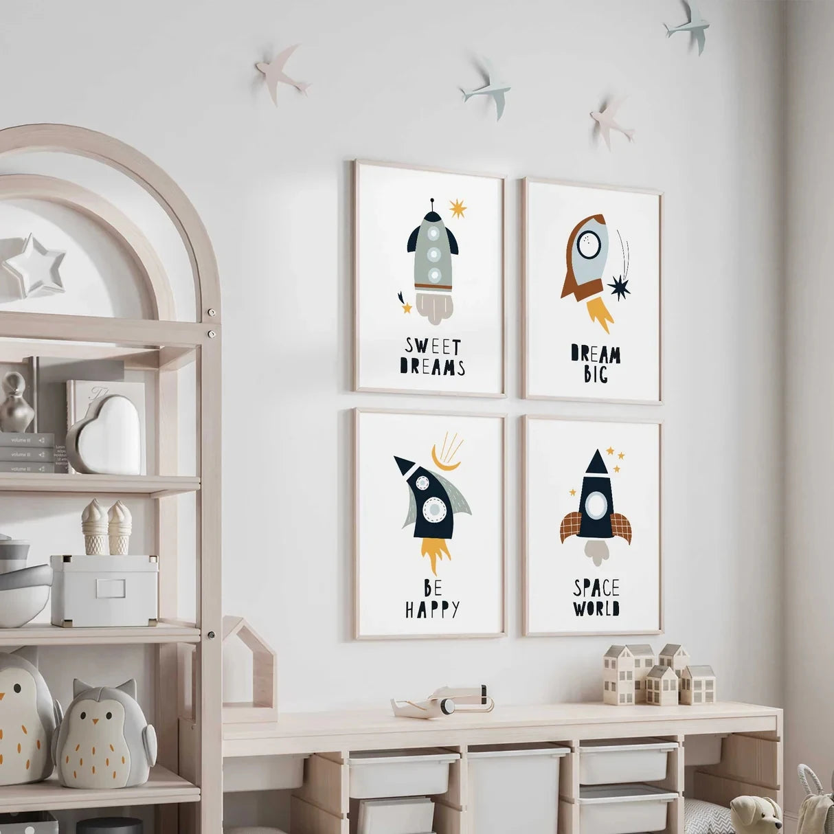 4-Piece Cartoon Space Rockets Canvas Wall Art | Kids Room