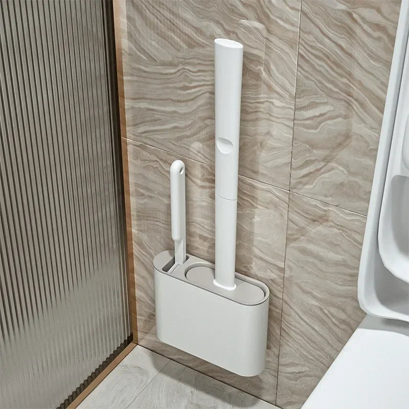 Silicone Toilet Brush & Wall-Mounted Holder Set | Flat Head