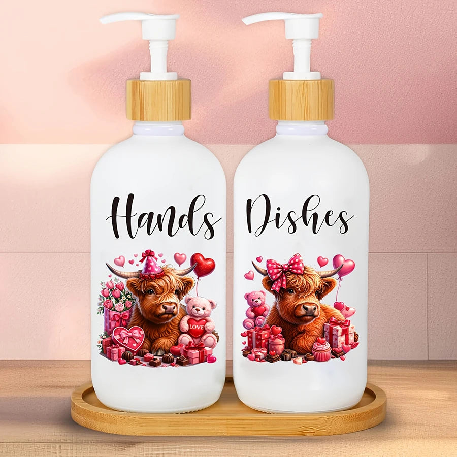 2Pcs Highland Cow Soap Dispenser with Tray – Farmhouse Cow Floral Pump Dispenser Set