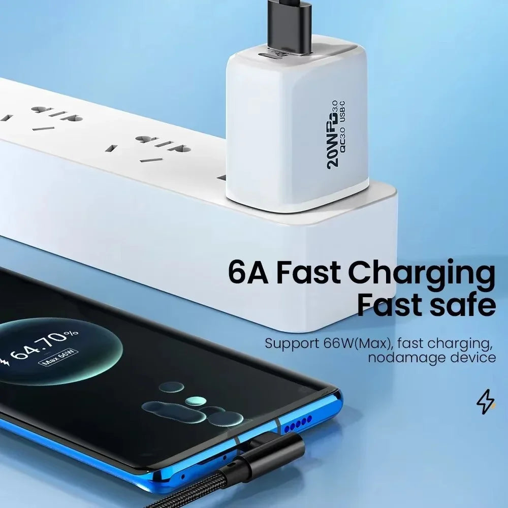 66W 90° USB-C Fast Charging Cable | 6A Nylon Braided 0.25–3M