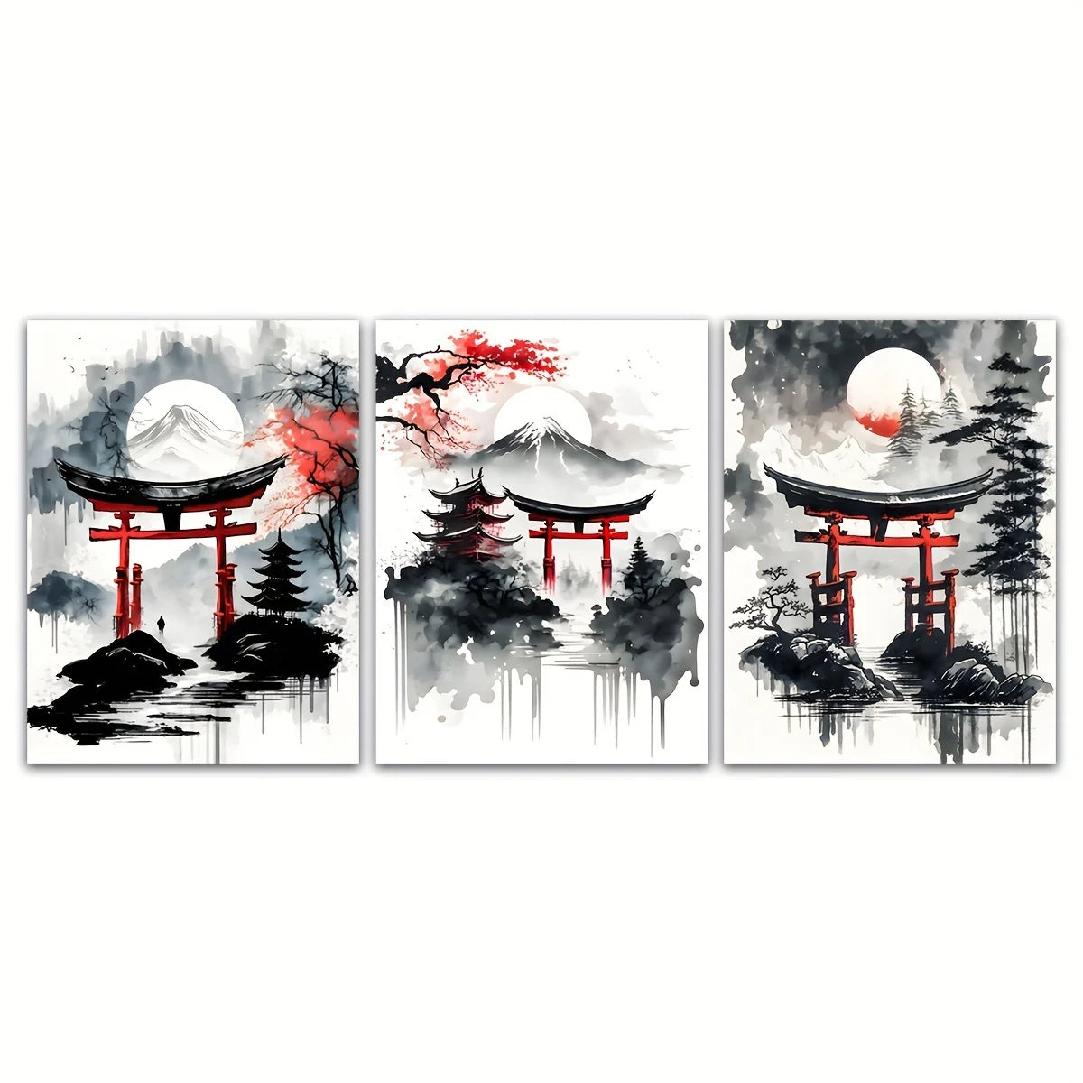 Landscape Canvas Painting Black And Red Posters Vintage Ink Art Wall Prints For Living Room Home 3pcs Frameless Japanese Natural Peaceful Pleasures Health and Wellness T80232-91 50x70cm Unframed