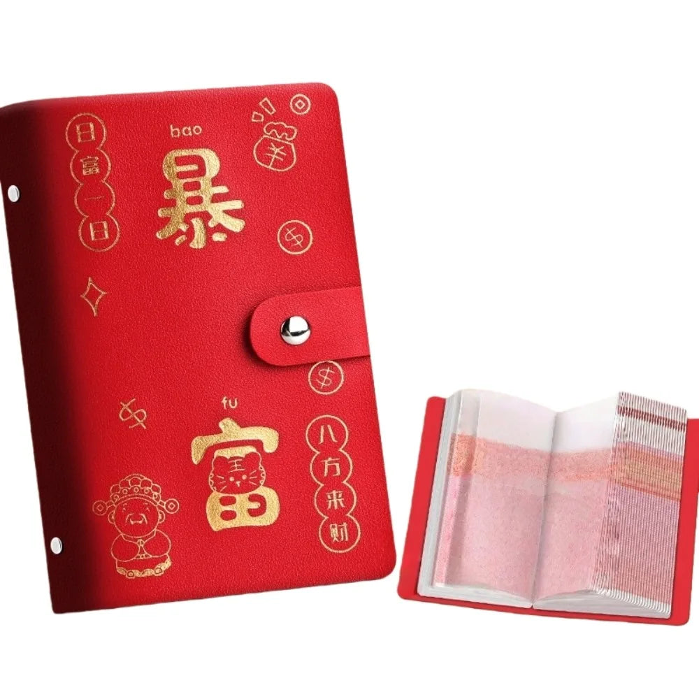 Chinese New Year Money Savings Challenge Binder PU Leather Storage Envelop Savings Challenges Book God of Wealth Style Peaceful Pleasures Health and Wellness Red