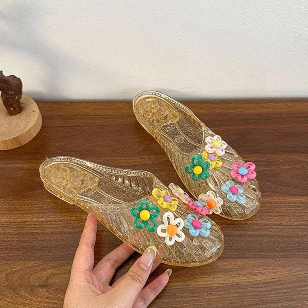Transparent Flat Bottomed Hooded Slippers,Anti Slip Hollow Hole Shoes,Crystal Half Slippers,For Beach Fun/Daily Casual Walking Peaceful Pleasures Health and Wellness
