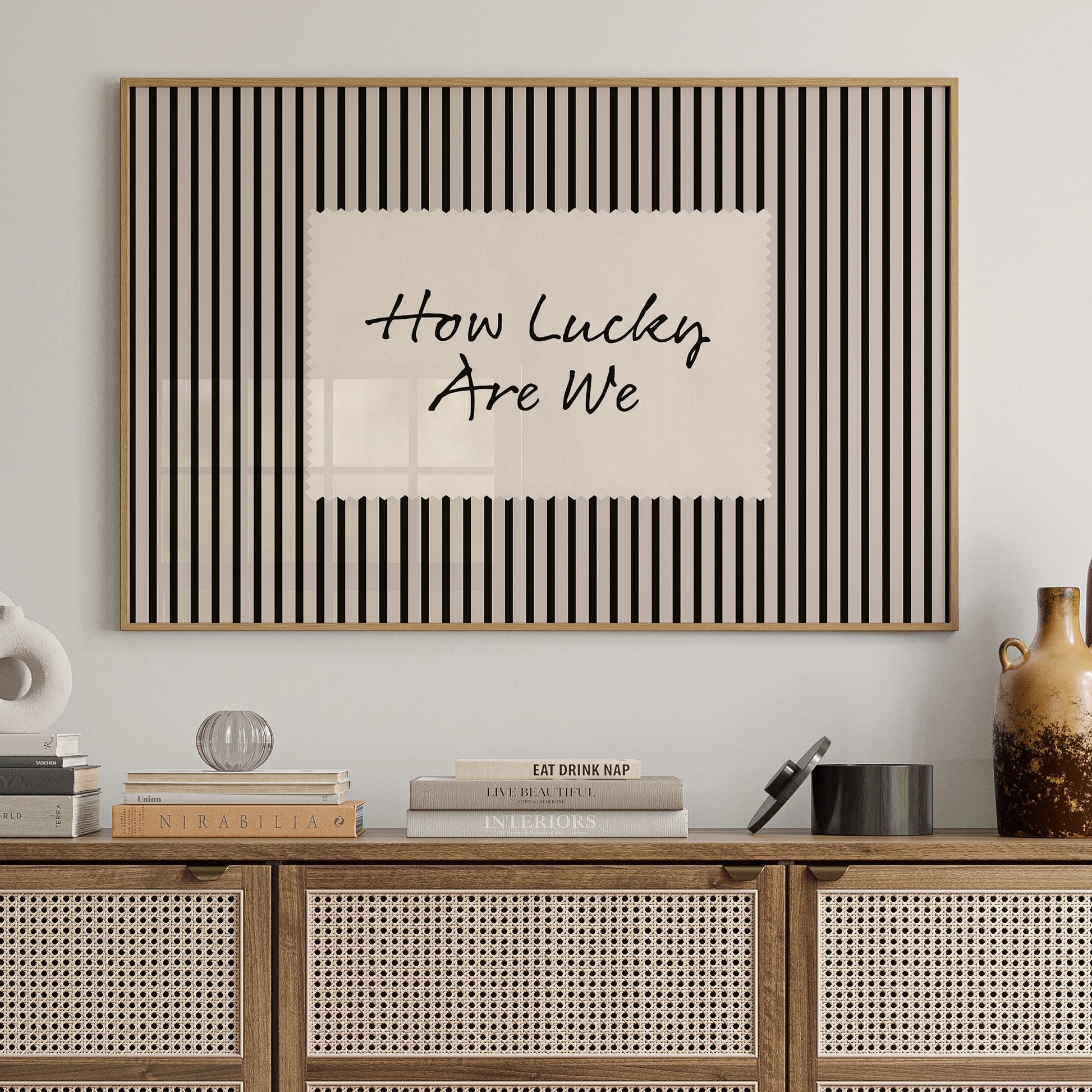 Retro 'How Lucky Are We' Vintage Black Striped Wall Art Print Canvas Painting Poster Picture For Living Room,Bedroom Home Decor Peaceful Pleasures Health and Wellness