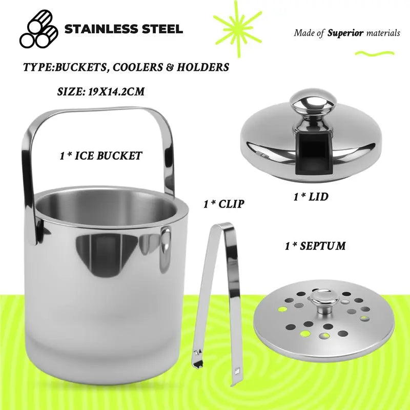 A36T-Stainless Steel Ice Square Container Double Walled 1.3L Ice Bucket Container With Tongs Lid Peaceful Pleasures Health and Wellness