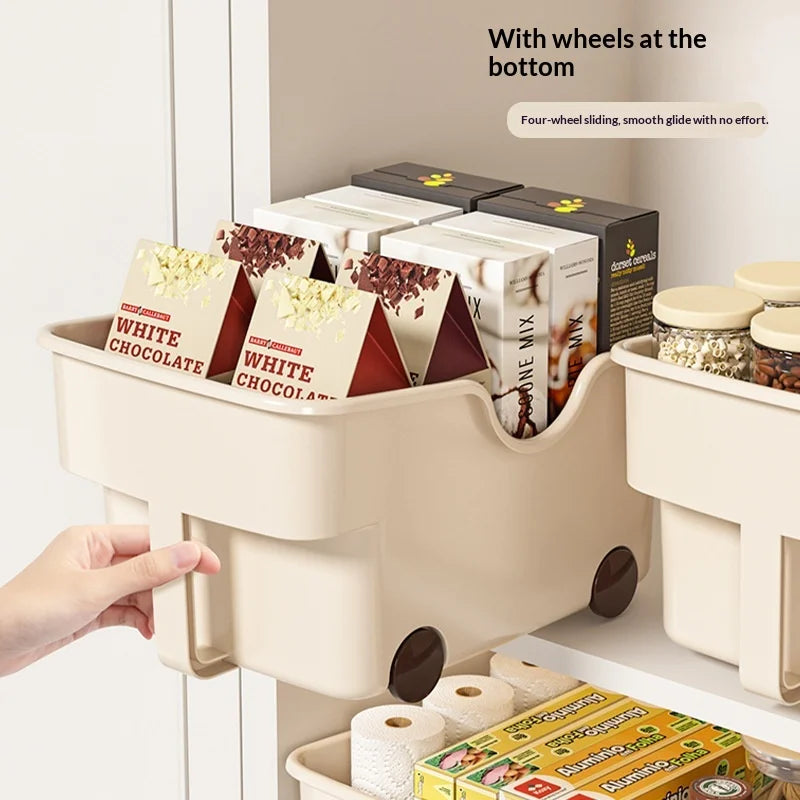 Easy Slide PP Storage Box with Handle and Wheels Rolling Organizer for Kitchen Overhead Cabinet Toys Seasoning Cupboard Peaceful Pleasures Health and Wellness