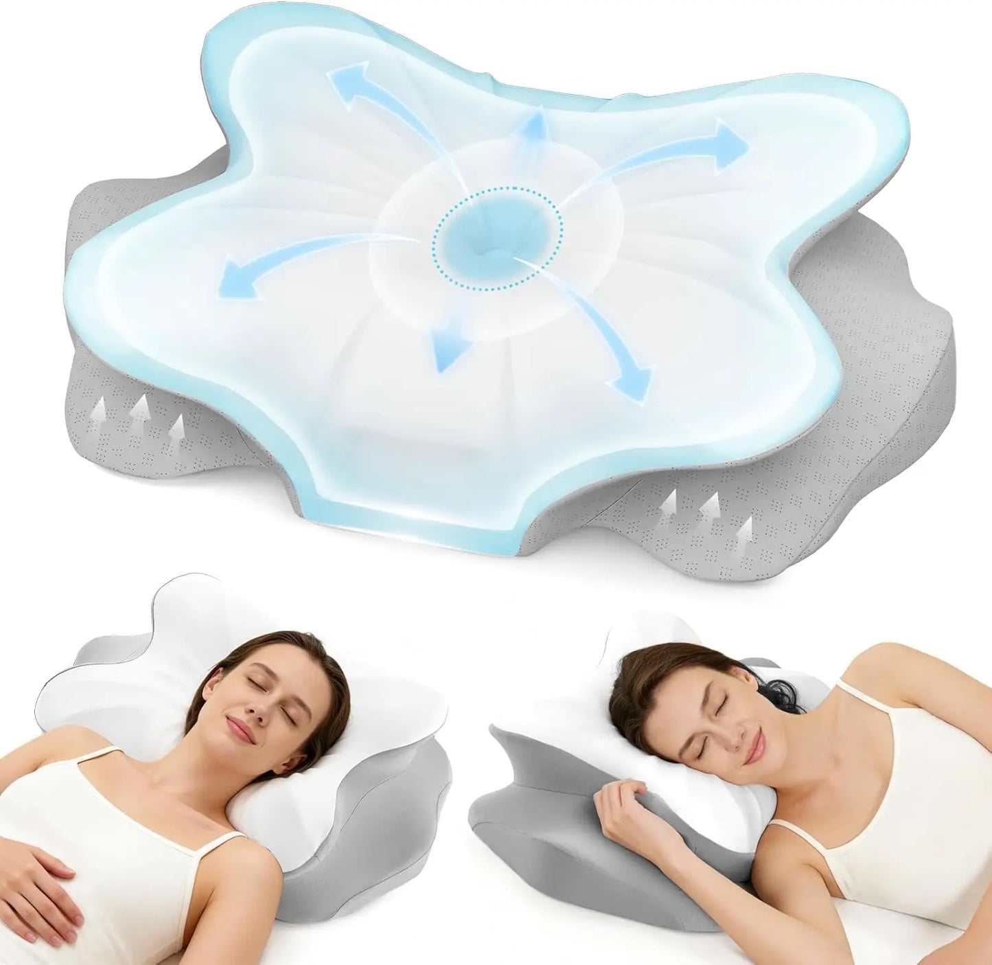 Star-shaped pillow with blue light and two people using it on a white background