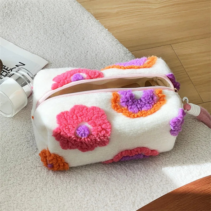 Plush Flower Makeup Bag – Fluffy Cosmetic Travel Pouch