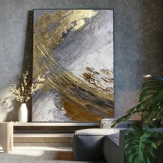 Gold, White, Gray And Black, 100% Hand Painted, Textured Painting, Acrylic Abstract Oil Painting, Wall Decor Living Room Peaceful Pleasures Health and Wellness