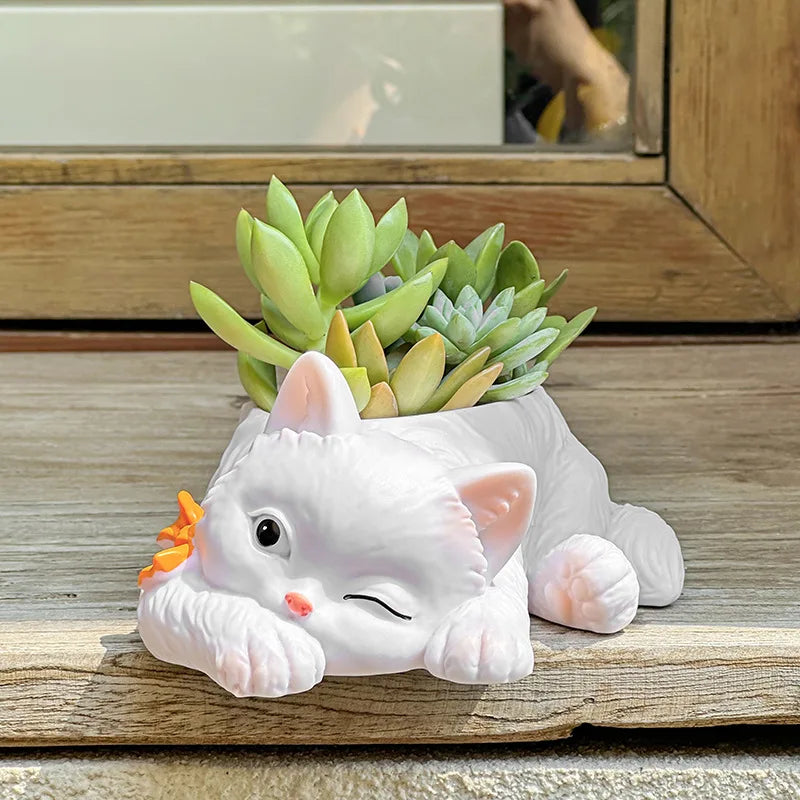 Cartoon Cat Resin Succulent Pot | Cute Desktop Plant Pot