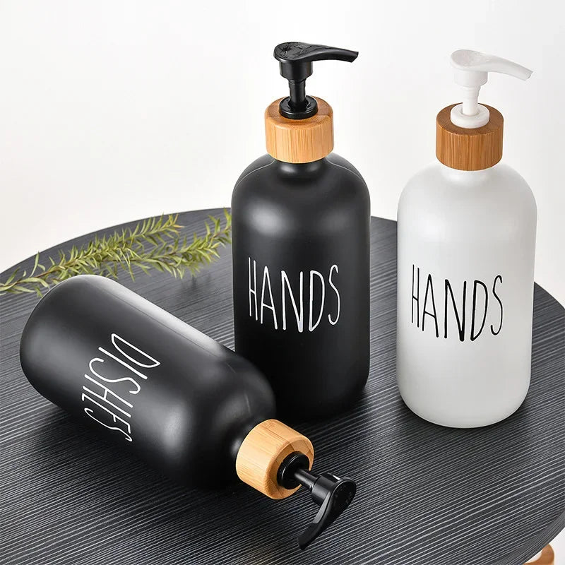 2Pcs 500ml High Quality Glass Soap Dispenser Pump Bottle Refillable Empty Hand Soap Lotion Subpackage Bottle with Wooden Cushion Peaceful Pleasures Health and Wellness