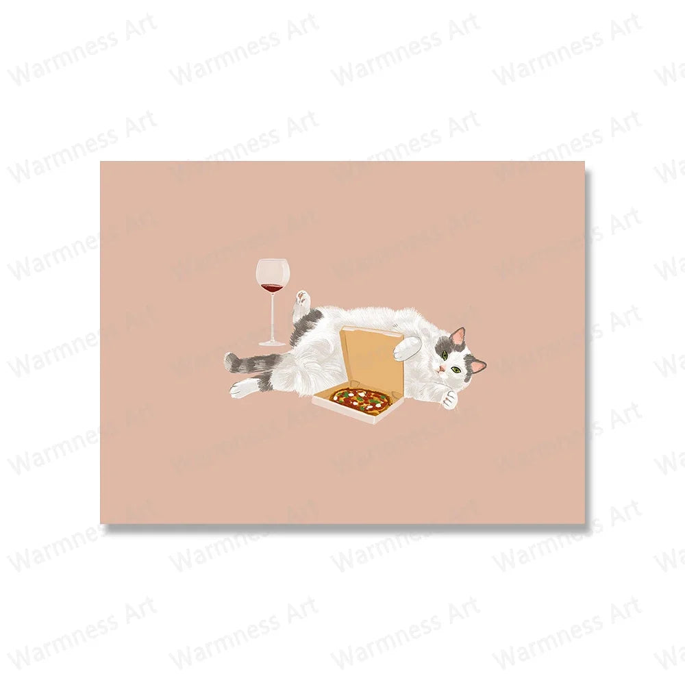 Retro Cat & Pizza Canvas Wall Art | Scandinavian Poster Print