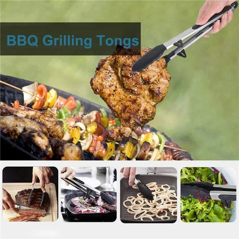 Stainless Steel Kitchen Tongs with Silicone Tips | BBQ & Cooking