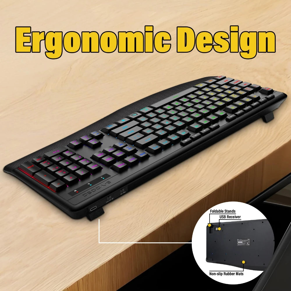 E-YOOSO RGB Colorful Gaming Keyboard 104 Keys Bluetooth 2.4G USB Wired Mechanical Keyboard with Wrist Rest Low Voltage Indicator Peaceful Pleasures Health and Wellness
