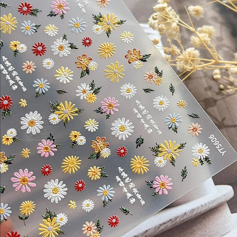 5D Spring White/Pink Embossed Daisy Nail Art Stickers White Daisy Flowers Nail Decal Self-Adhesive Elegant Daisy Floret Slider Peaceful Pleasures Health and Wellness