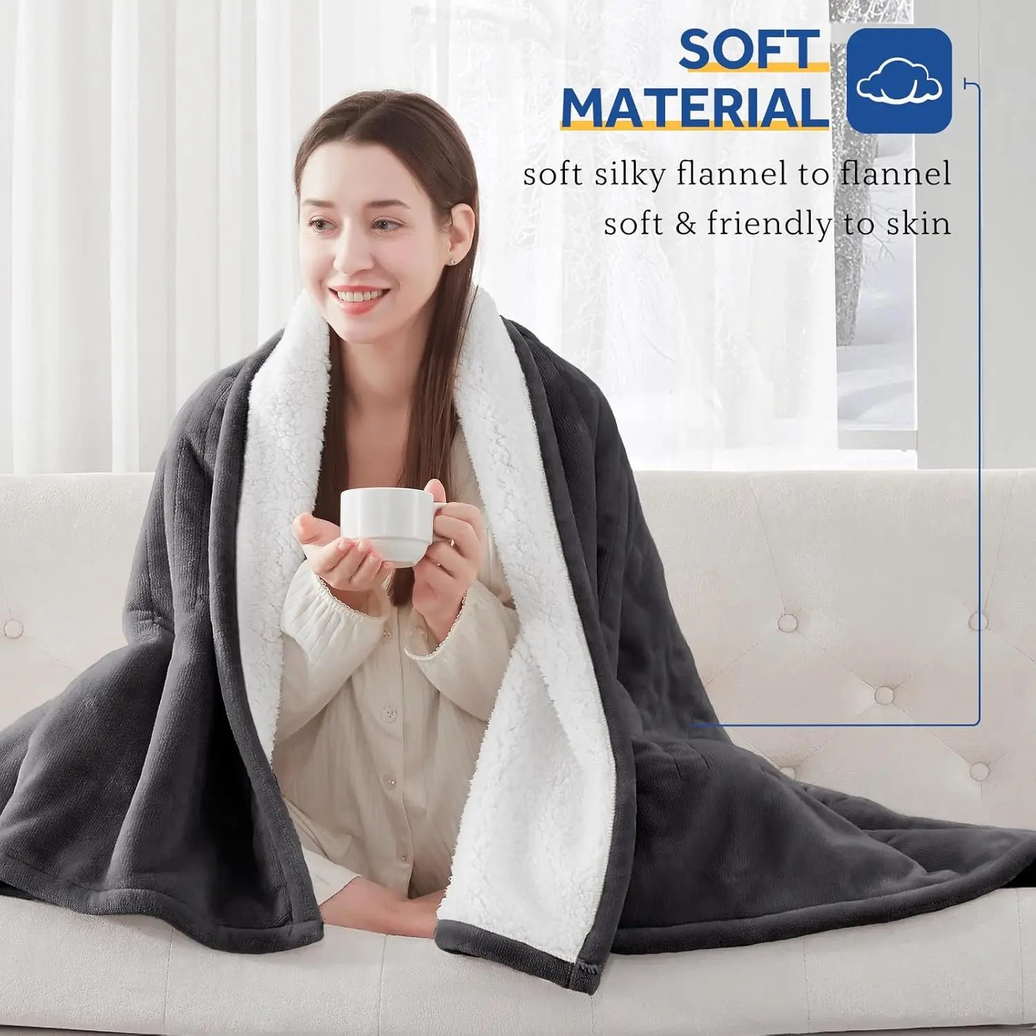Twin Electric Heated Blanket 62x84" – Flannel & Sherpa, ETL/FCC, Grey Peaceful Pleasures Health and Wellness