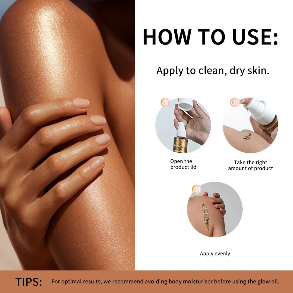 Glowmotions Glow Body Oil 100ml Hydrating Softening Brazilian Shimmer Bronze Non-Greasy Non-Sticky Formula for Beachside Party Peaceful Pleasures Health and Wellness